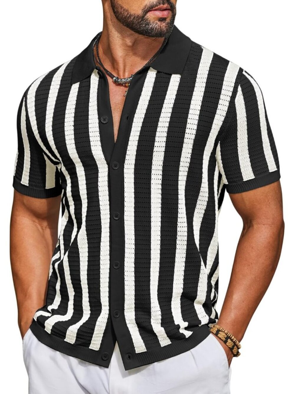 Men's Black &Beige Knit Short Sleeve Button Down Polo Striped Casual Beach Shirt